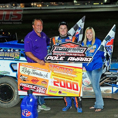 Ricky Thornton Jr. of Chandler, Ariz., won the Sybesma Pole Award and main event on Thursday, March 9, at the 5th Annual Production Jars Sooner Showdown at the Southern Oklahoma Speedway in Ardmore, Okla., part of Summit Racing USMTS Winter Speedweeks.